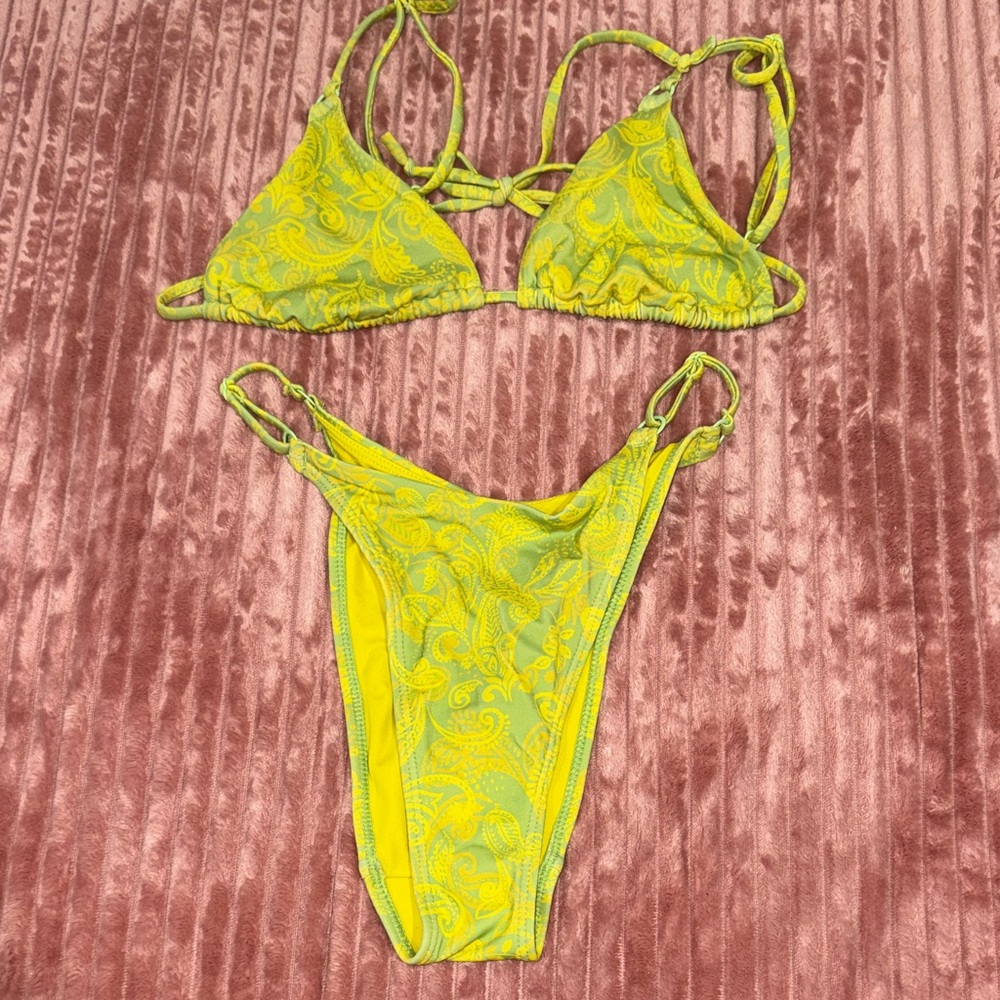 La Hearts Neon Yellow Paisley Triangle Bikini